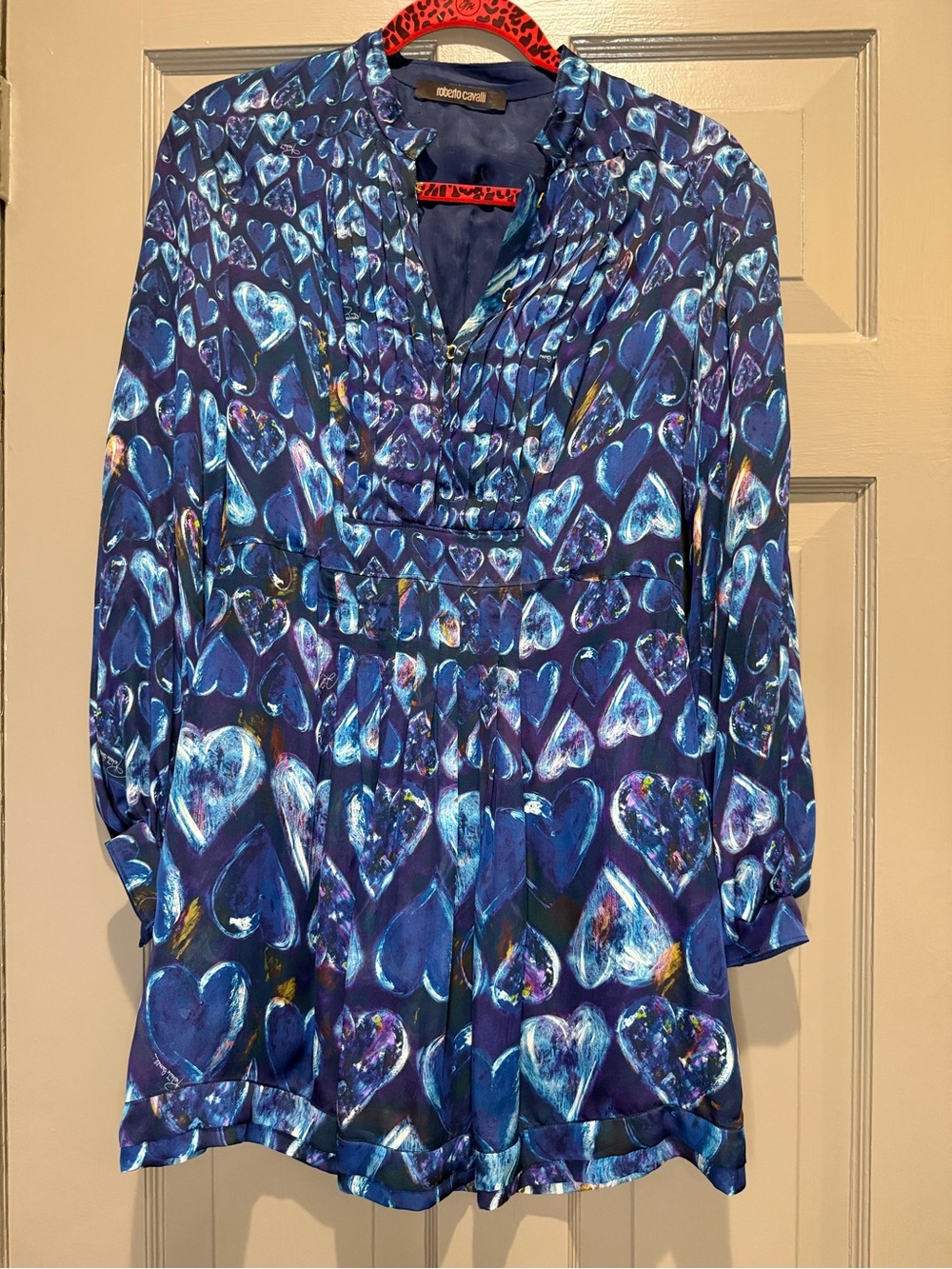 Vintage Roberto Cavalli Blue Heart-Print Long-Sleeve Tunic Dress 38